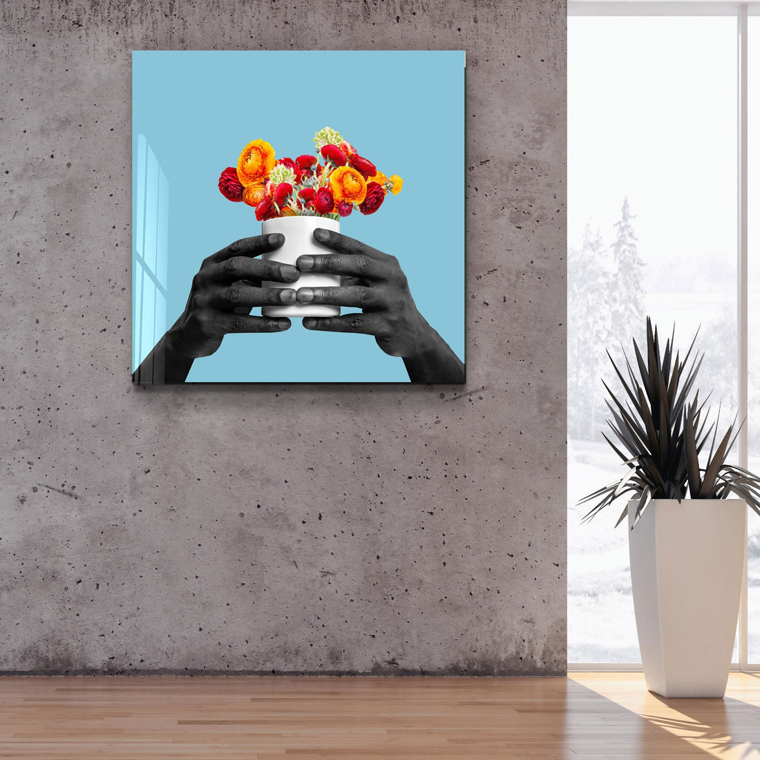."Holding the Flower - Blue". Contemporary Collection Glass Wall Art